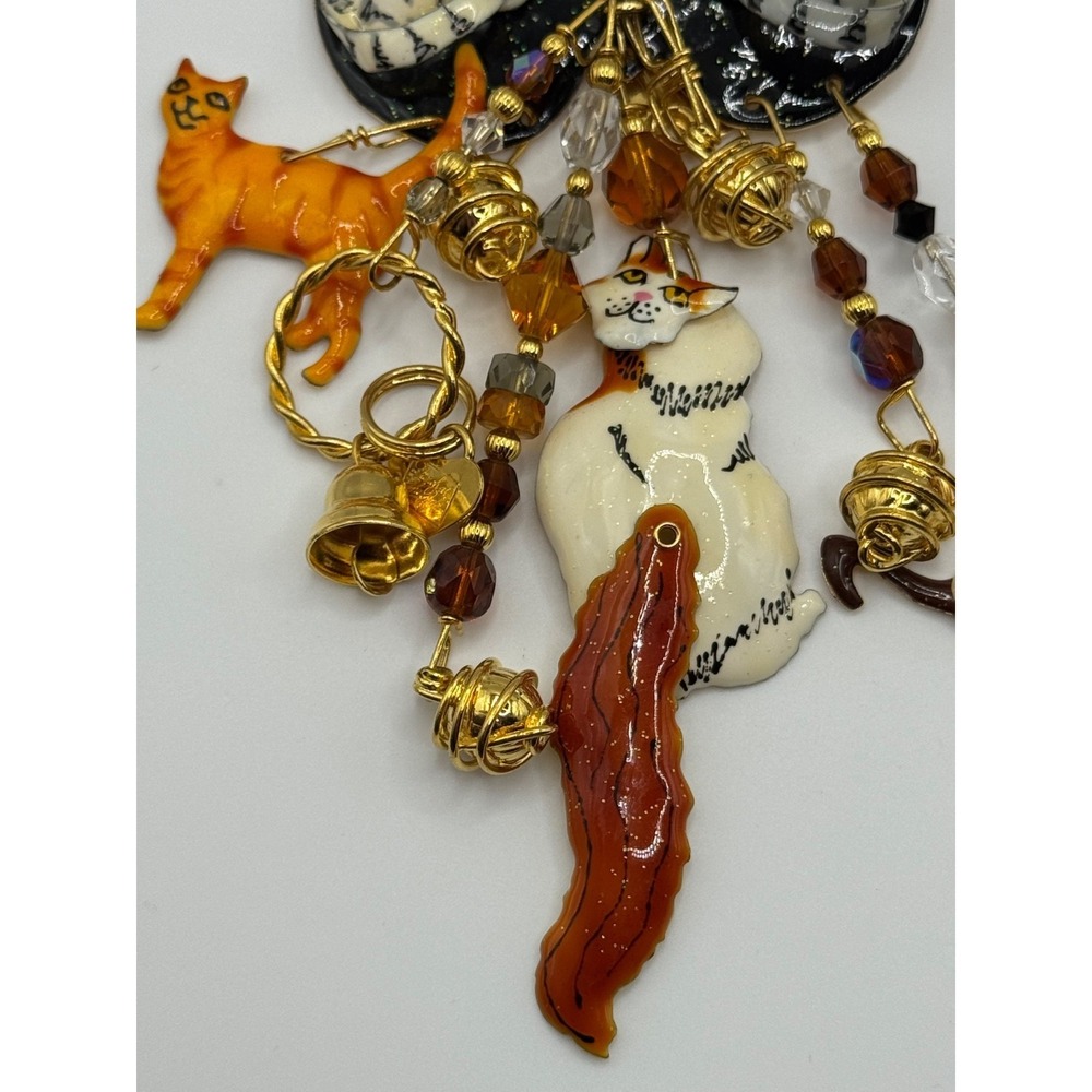 Lunch At The Ritz Cat Rhinestone Enamel Dangle Brooch - Picture 7 of 13